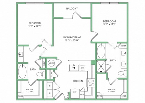 Floor plan for 2 beds, 2 baths, 1076 sqft