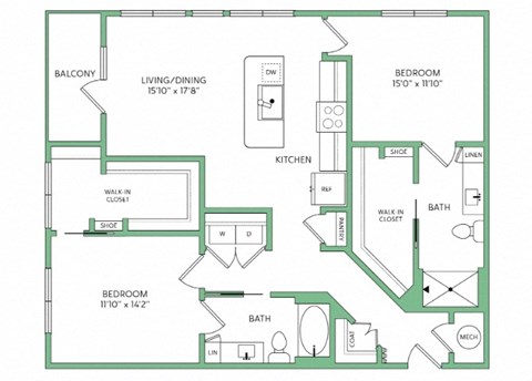 Floor plan for 2 beds, 2 baths, 1214 sqft