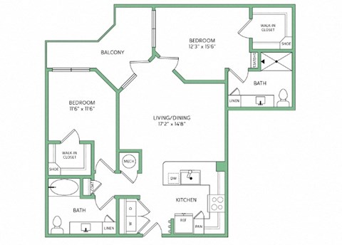 Floor plan for 2 beds, 2 baths, 1047 sqft