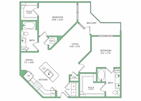 Floor plan for 2 beds, 2 baths, 1164 sqft