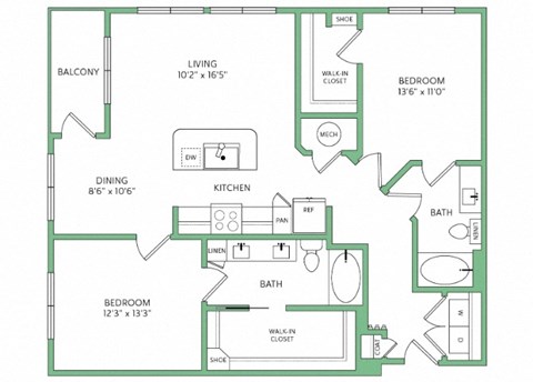Floor plan for 2 beds, 2 baths, 1167 sqft