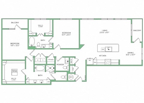 Floor plan for 2 beds, 2.5 baths, 1726 sqft