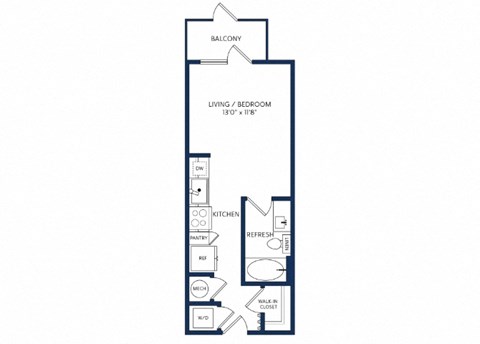 Floor plan for studio, 1 bath, 431 sqft