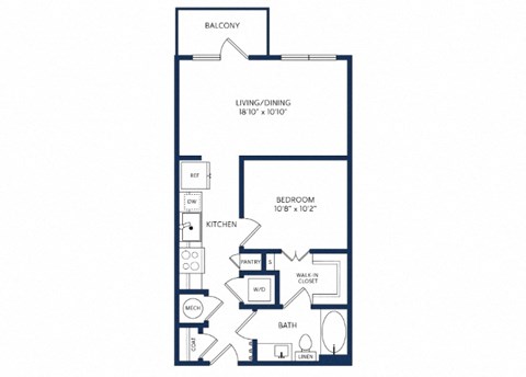 Floor plan for 1 bed, 1 bath, 620 sqft