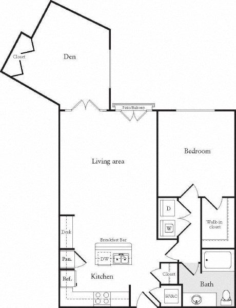 Floor plan for 1 bed, 1 bath, 1070 sqft