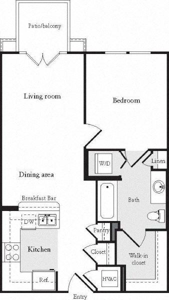 Floor plan for 1 bed, 1 bath, 630 sqft