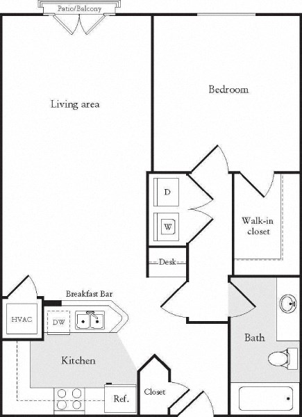 Floor plan for 1 bed, 1 bath, 752 sqft