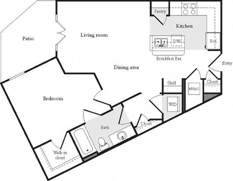 Floor plan for 1 bed, 1 bath, 763 sqft