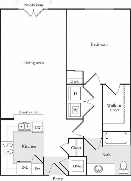 Floor plan for 1 bed, 1 bath, 765 sqft