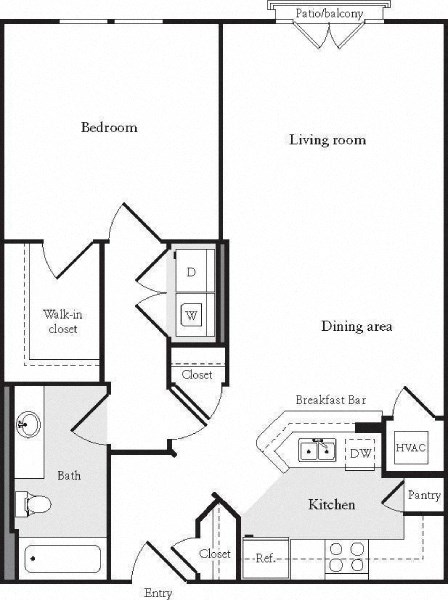 Floor plan for 1 bed, 1 bath, 800 sqft