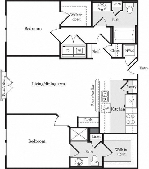 Floor plan for 2 beds, 2 baths, 1140 sqft