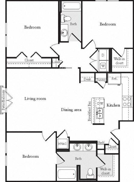 Floor plan for 3 beds, 2 baths, 1341 sqft
