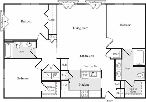 Floor plan for 3 beds, 2 baths, 1350 sqft