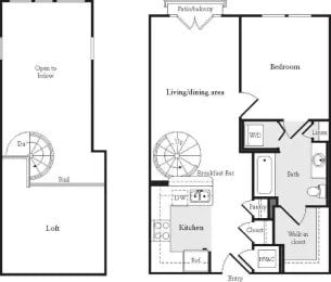 Floor plan for 1 bed, 1 bath, 730 sqft