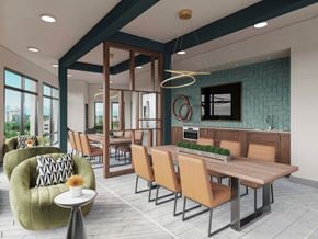 Austin apartment for rent - A modern dining room with a long table and chairs.