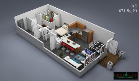 Floor plan for 1 bed, 1 bath, 674 sqft
