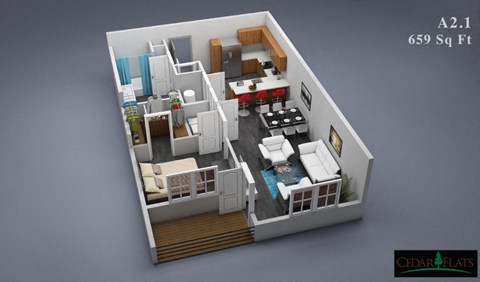 Floor plan for 1 bed, 1 bath, 659 sqft