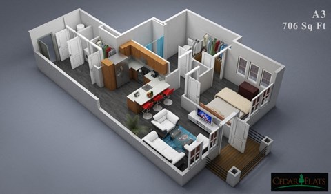 Floor plan for 1 bed, 1 bath, 706 sqft