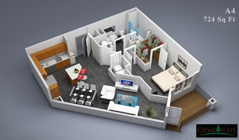 Floor plan for 1 bed, 1 bath, 724 sqft