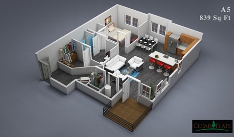 Floor plan for 1 bed, 1 bath, 839 sqft