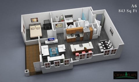 Floor plan for 1 bed, 1 bath, 843 sqft