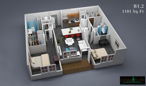 Floor plan for 2 beds, 2 baths, 1101 sqft