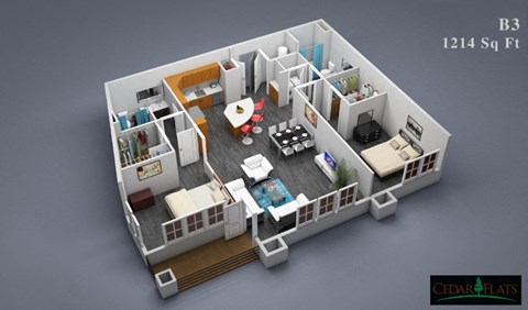 Floor plan for 2 beds, 2 baths, 1214 sqft