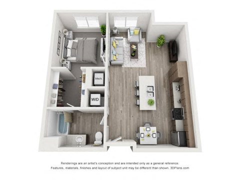 Floor plan for 1 bed, 1 bath, 750 sqft