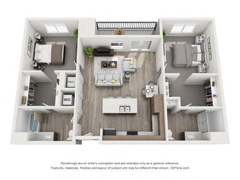Floor plan for 2 beds, 2 baths, 1020 sqft