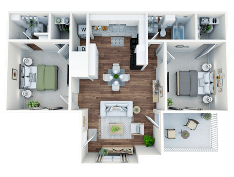 Floor plan for 2 beds, 2 baths, 966 sqft