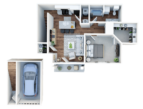 Floor plan for 1 bed, 1 bath, 885 sqft