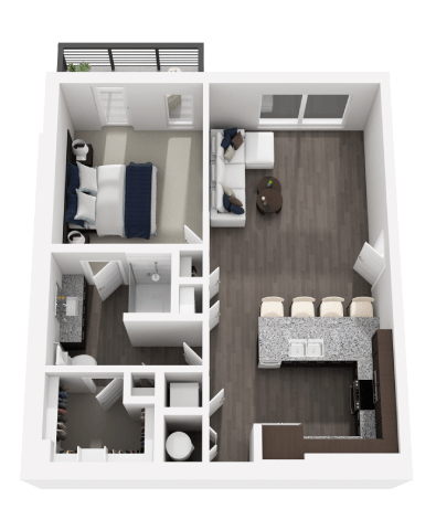 Floor plan for 1 bed, 1 bath, 843 sqft