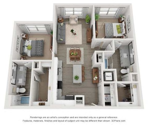 Floor plan for 2 beds, 2 baths, 1057 sqft