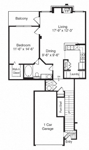 Floor plan for 1 bed, 1 bath, 815 sqft