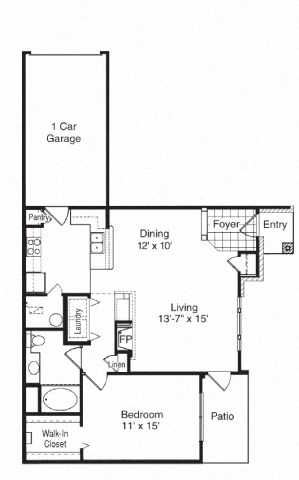 Floor plan for 1 bed, 1 bath, 890 sqft