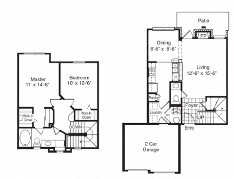 Floor plan for 2 beds, 1.5 baths, 1036 sqft