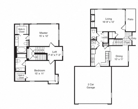 Floor plan for 2 beds, 2.5 baths, 1315 sqft