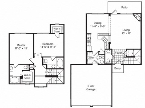 Floor plan for 2 beds, 2.5 baths, 1316 sqft
