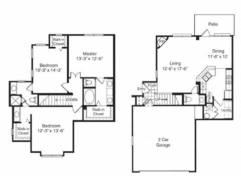 Floor plan for 3 beds, 2.5 baths, 1450 sqft