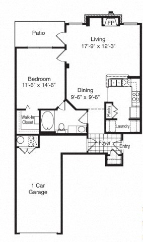 Floor plan for 1 bed, 1 bath, 804 sqft