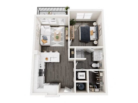 Floor plan for 1 bed, 1 bath, 633 sqft
