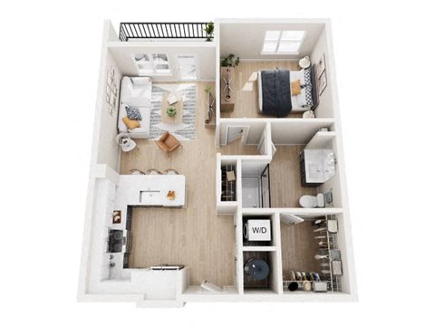 Floor plan for 1 bed, 1 bath, 733 sqft