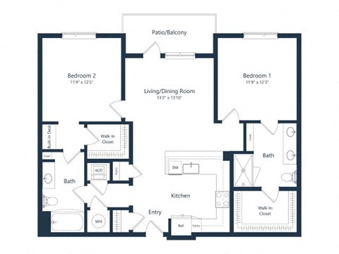 Floor plan for 2 beds, 2 baths, 1130 sqft