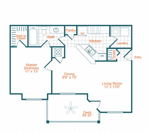 Floor plan for 1 bed, 1 bath, 713 sqft