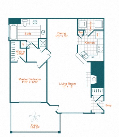 Floor plan for 1 bed, 1 bath, 835 sqft