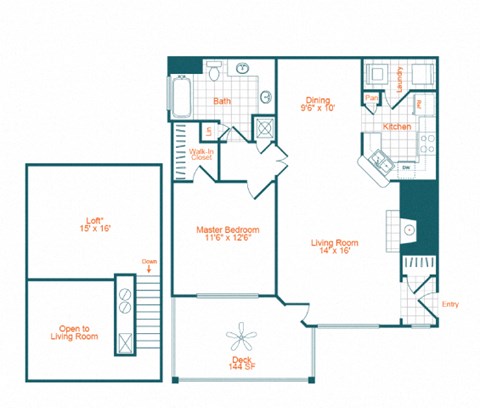 Floor plan for 1 bed, 1 bath, 1078 sqft