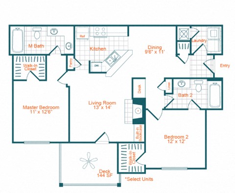 Floor plan for 2 beds, 2 baths, 1156 sqft