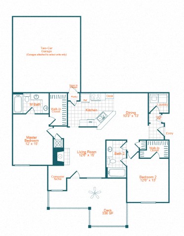 Floor plan for 2 beds, 2 baths, 1290 sqft