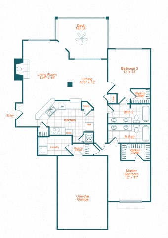 Floor plan for 2 beds, 2 baths, 1432 sqft