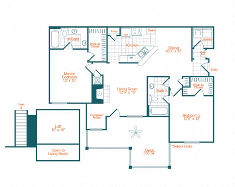 Floor plan for 2 beds, 2 baths, 1510 sqft
